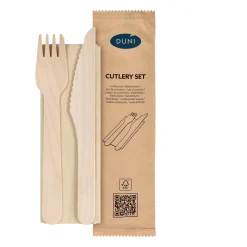 Holzbesteck>DUNI Messer, Gabel, braune Serviette 16/16,5 cm Natürlich