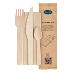 Holzbesteck>DUNI Messer, Gabel, Löffel, braune Serviette 16/16,5/11 cm Natürlich