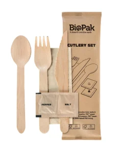 Holzbesteck>DUNI Messer, Gabel, Pfeffer/Salz, braune Serviette 16/16,5/16 cm Natürlich