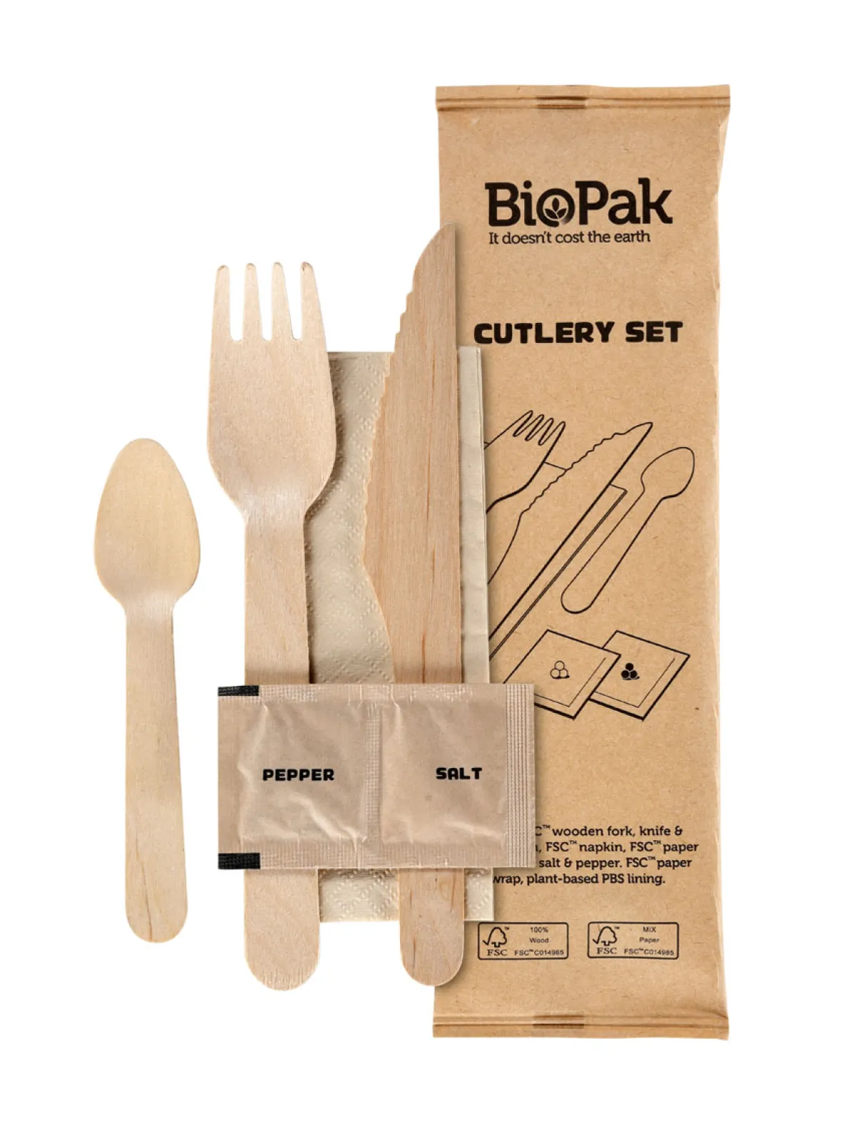 Holzbesteck>DUNI Messer, Gabel, Pfeffer/Salz, braune Serviette 16/16,5/11 cm Natürlich